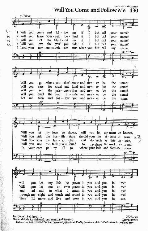 Hymn CP #430 'Will You Come and Follow Me'