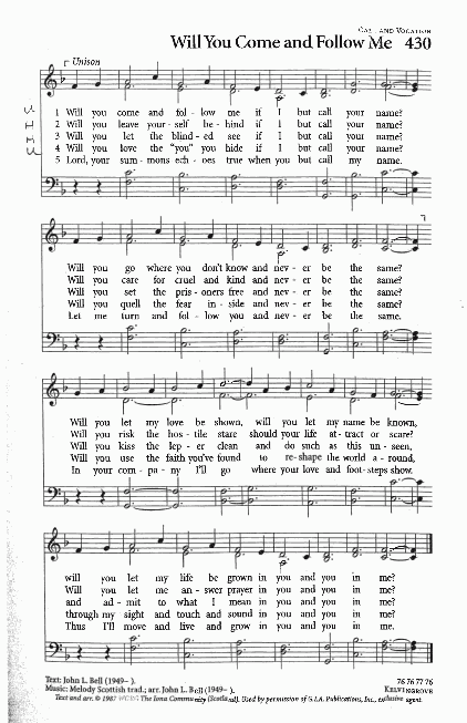 Hymn CP 430# 'Will You Come and Follow Me'
