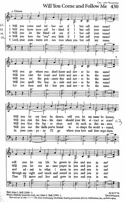 Offertory Hymn  CP #430 'Will You Come and Follow Me'