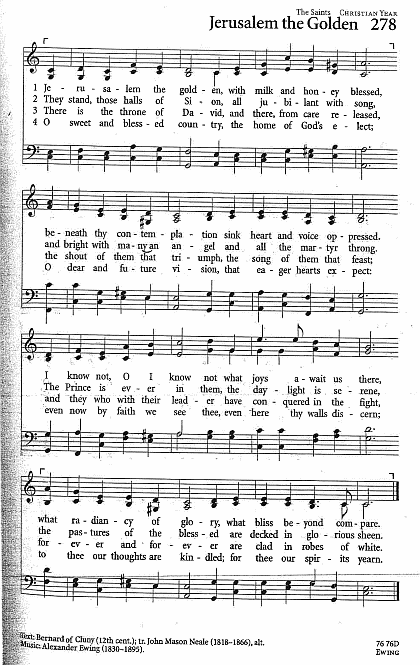 Recessional Hymn CP #278 'Jerusalem the Golden'